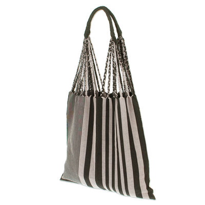 Cotton shoulder bag, 'Night Lines' - Hand Woven Geometric Striped Cotton Shoulder Bag from Mexico