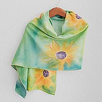 Baumwollschal, 'Midsummer Sun' - Handbemalter floraler Baumwollschal aus Costa Rica