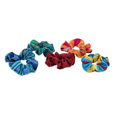 Cotton scrunchies, 'United Femininity' (set of 5) - Set of 5 Colorful Cotton Scrunchies from Guatemala