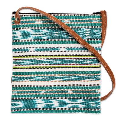 Cotton sling bag, 'Jocotenango Green Tote' - Hand Woven Green and Ivory Sling Purse from Guatemala