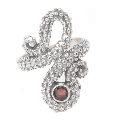 Garnet cocktail ring, 'Red Intellectual' - Garnet Sterling Silver Octopus Cocktail Ring from Bali