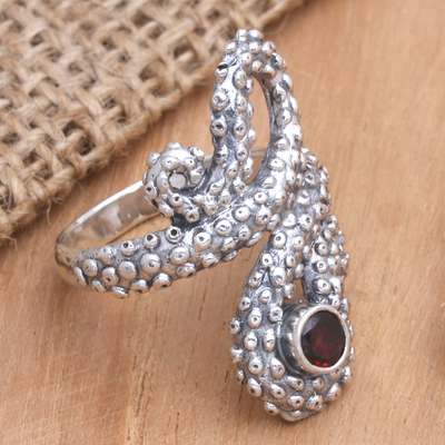 Garnet cocktail ring, 'Red Intellectual' - Garnet Sterling Silver Octopus Cocktail Ring from Bali