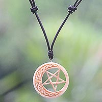Bone and leather pendant necklace, 'Celtic Moon Star'