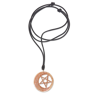 Bone and leather pendant necklace, 'Celtic Moon Star' - Hand Carved Moon and Star Necklace in Leather and Bone