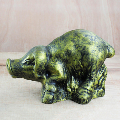 Ceramic sculpture, 'Crouching Pig' - Ceramic Sculpture of a Yellow Pig from Ghana