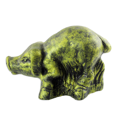 Ceramic sculpture, 'Crouching Pig' - Ceramic Sculpture of a Yellow Pig from Ghana