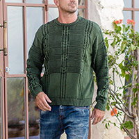 Jersey de algodón para hombre, 'Everyday Style in Forest' - Jersey de algodón verde para hombre con un estampado único procedente de la India