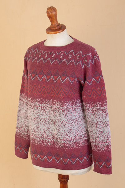 Cotton and recycled PET blend pullover, 'Vermilion Diamonds' - Cotton and Recycled PET Blend Pullover with Diamond Motifs