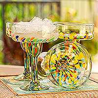 Blown glass margarita glasses, 'Confetti Festival' (set of 4) - Set of 4 Multicolour Hand Blown Glass Margarita Glasses