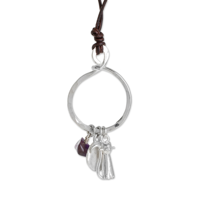 Amethyst pendant necklace, 'Ancestral Light' - Amethyst and Fine Silver Cat Necklace from Guatemala