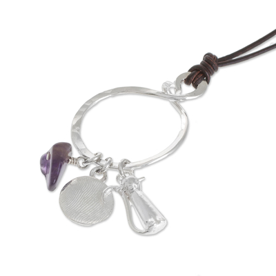 Amethyst pendant necklace, 'Ancestral Light' - Amethyst and Fine Silver Cat Necklace from Guatemala