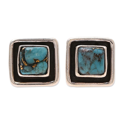 Sterling silver and composite turquoise stud earrings, 'Mystic Frame' - Square Sterling Silver and Composite Turquoise Stud Earrings