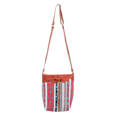 Leather-accented cotton blend sling bag, 'Joyful Journey in Red' - Patchwork Cotton Blend Sling Bag from Thailand