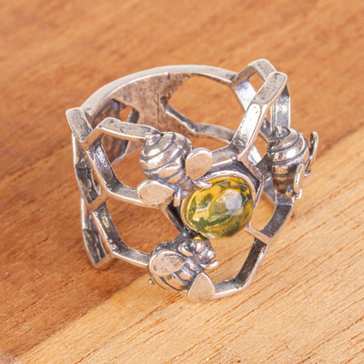 Amber cocktail ring, 'Glowing Honey' - Amber and Sterling Silver Bee Cocktail Ring from Mexico