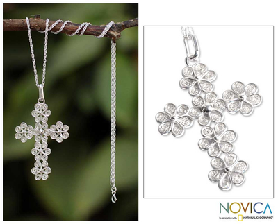 Sterling silver cross necklace, 'Filigree Flowers' - Artisan Crafted Fine Silver Filigree Cross Necklace