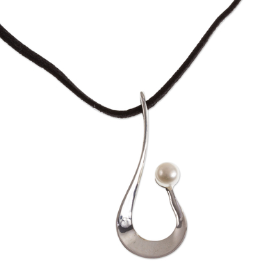 Cultured pearl pendant necklace, 'Scoop' - Suede Cord Necklace with Cultured Pearl Pendant