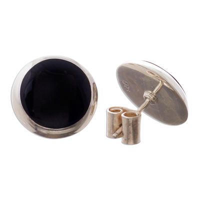 Onyx button earrings, 'Eyes Open' - Black Onyx and Sterling Silver Button Earrings