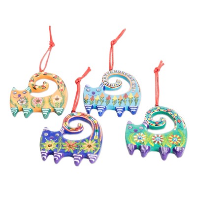 Ceramic ornaments, 'Festive Felines' (set of 4) - Hand-Painted Cat-Themed Floral Ceramic Ornaments (Set of 4)