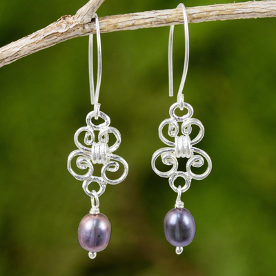 Cultured pearl and sterling silver dangle earrings, 'Enchanted Wind in Grey' - Hand Crafted Grey Pearl and Sterling Silver Dangle Earrings