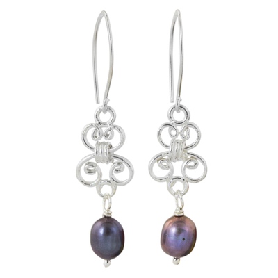 Cultured pearl and sterling silver dangle earrings, 'Enchanted Wind in Grey' - Hand Crafted Grey Pearl and Sterling Silver Dangle Earrings