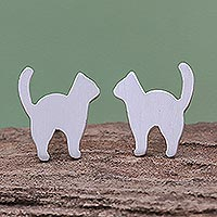 Sterling silver stud earrings, 'Standing Cat' - Brushed-Satin Sterling Silver Cat Stud Earrings