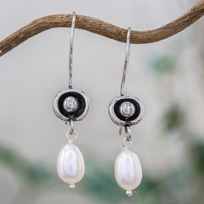 Aretes colgantes de perlas cultivadas - Pendientes Colgantes de Perla Blanca Cultivada y Plata 950