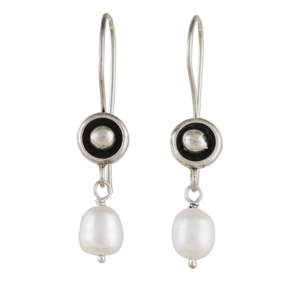 Cultured pearl dangle earrings, 'Punctuation in White' - White Cultured Pearl and 950 Silver Dangle Earrings