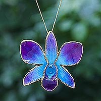 Gold-accented orchid petal pendant necklace, 'Orchid Magic in Blue' - Gold-Accented Blue Orchid Petal Pendant Necklace & Brooch