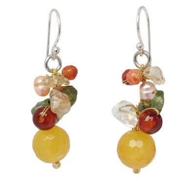 Multi-gemstone cluster earrings, 'Sunshine Love' - Hand Crafted Pearl and Quartz Beaded Earrings
