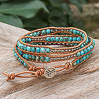 Beaded wrap bracelet, 'Sukhothai Sky' - Silver and Leather Beaded Wrap Bracelet