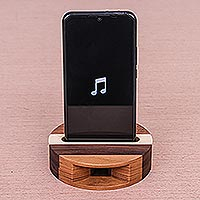 Teak wood phone speaker, 'Lively Sound' - Hand Crafted Round Teak Wood Smartphone Speaker