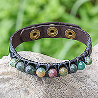 Agate and leather wristband bracelet, 'Rock Walk' - Bohemian Leather and Agate Bead Wristband Bracelet