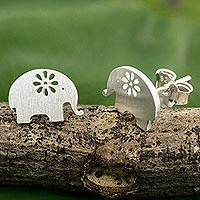 Sterling silver stud earrings, 'Blooming Elephants' - Handmade Elephant Stud Earrings in Sterling Silver