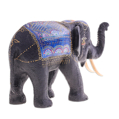 Wood sculpture, 'Blue Wealth' - Thai Hand-Carved Elephant Sculpture with Blue Tones