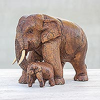 Esculturas de teca, 'Padre e hijo' - Escultura de elefante de madera de teca tailandesa