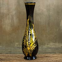 Lacquered wood decorative vase, 'Golden Bamboo' - Handcrafted Lacquer Wood Decorative Vase