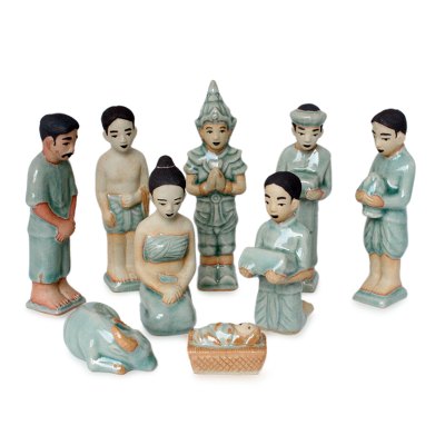 Celadon ceramic nativity scene, 'Thai Christmas' (set of 9) - Celadon Ceramic Nativity Scene (Set of 9)
