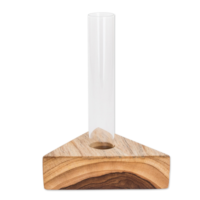 Teak and glass vase, 'Home Glamour' - Glass Tube Vase with Teak Wood Stand Made in Guatemala