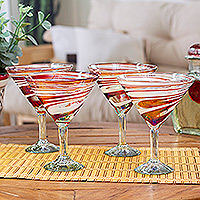 Handblown martini glasses, 'Luxury Enchantment' (set of 4) - Set of 4 Eco-Friendly Red Handblown Martini Glasses