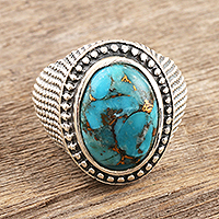 Mens sterling silver dome ring, Turquoise Swirl