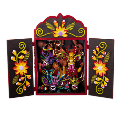Ceramic and wood retablo, 'Colorful Night' - Ceramic and Wood Festival Retablo Hand-Painted in Peru