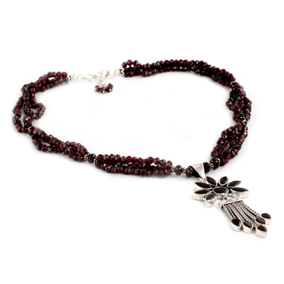 Garnet beaded pendant necklace, 'Daisy Passion' - Fair Trade Sterling Silver Beaded Garnet Pendant Necklace