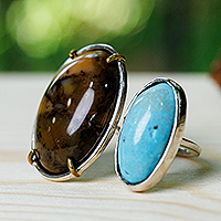 Agate and turquoise wrap ring, 'Courage for Peace' - High Polished Agate and Natural Turquoise Wrap Ring
