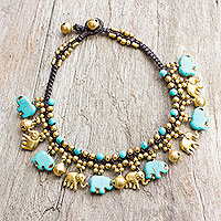 Brass and calcite anklet, 'Elephant Parade' - Brass Elephant Anklet with Blue Calcite and Jingling Bells