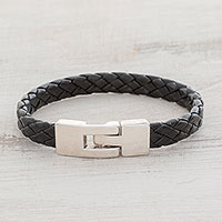 Faux leather braided wristband bracelet, 'Daring Style' - Black Faux Leather Unisex Wristband Bracelet from Guatemala