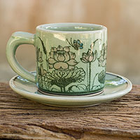 Celadon ceramic demitasse cup and saucer, 'Pink Lotus Butterflies' - Thai Celadon Espresso Cup and Saucer Set