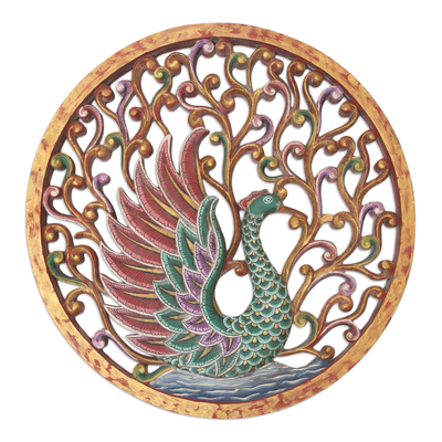 Wood relief panel, 'Peacock in the Grove' - Suar Wood Peacock Relief Panel