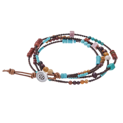 Jasper and leather beaded wrap bracelet, 'Mountain Charm' - Jasper Dyed Calcite and Leather Wrap Bracelet from Thailand