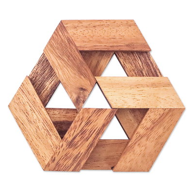 Wood puzzle, 'Elegant Hexagon' - Hexagonal Raintree Wood Puzzle from Thailand