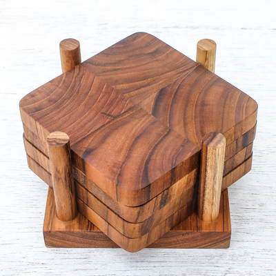 Teak wood coasters, 'Deep Nature' (set of 4) - Handmade Teak Wood Coasters from Thailand (Set of 4)